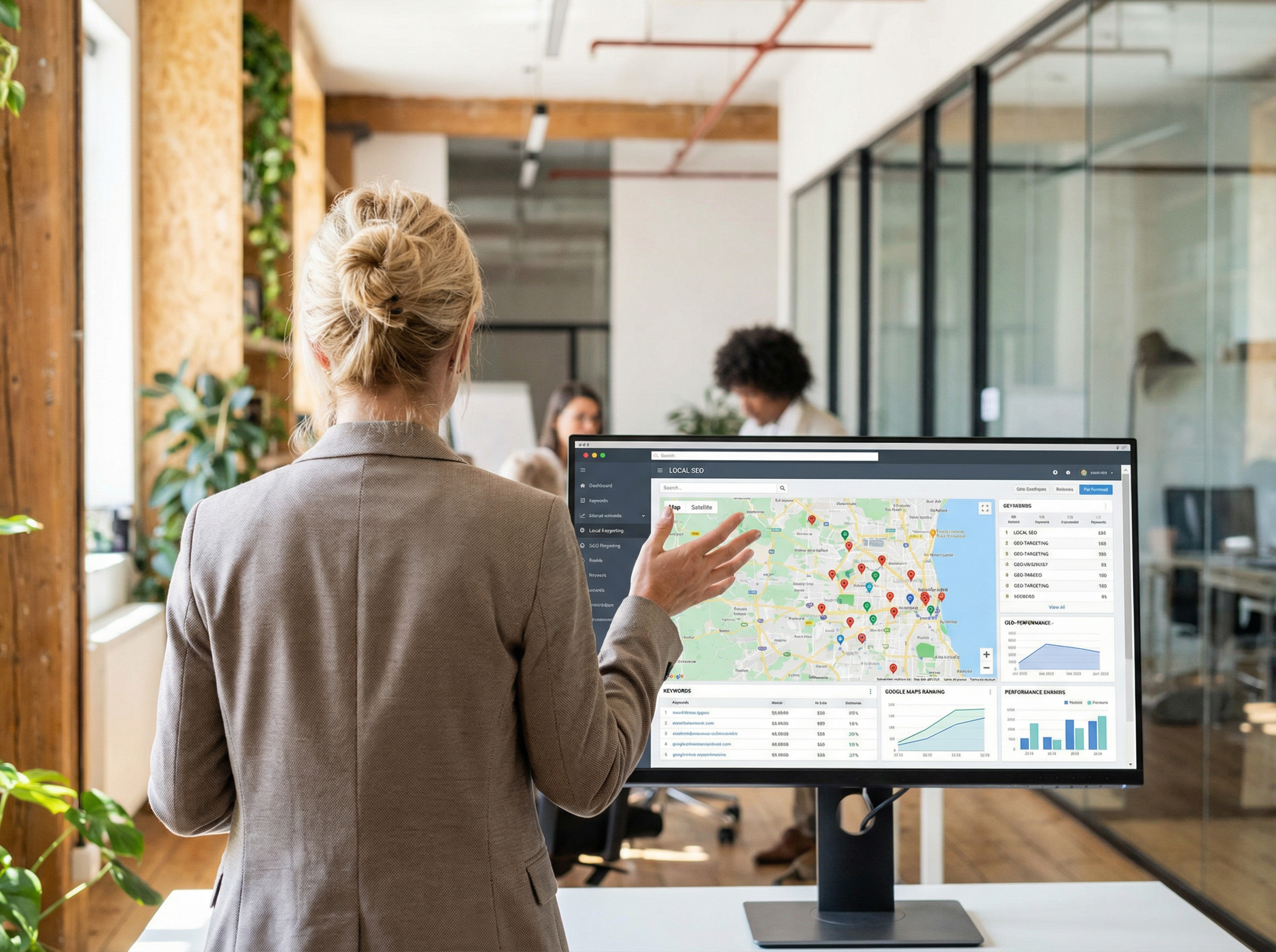 Frau analysiert lokale SEO-Daten und Karten auf einem Bildschirm im Büro.
